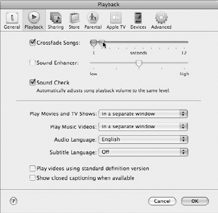 Set the cross-fade between songs and other playback options.