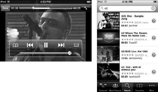 YouTube controls for video playback, bookmarking, and sharing (left) and for searching for videos (right).
