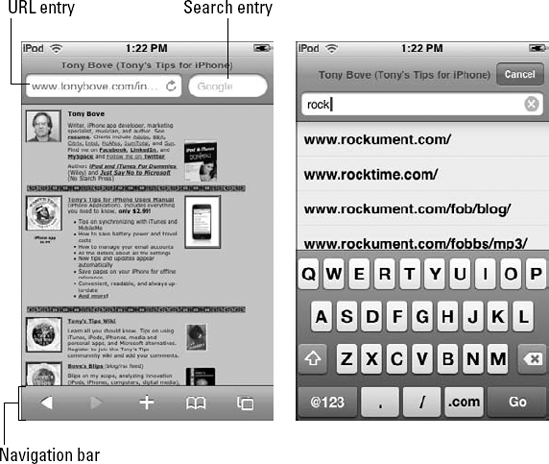 The URL and search fields (left). Start entering the URL and suggestions appear (right).
