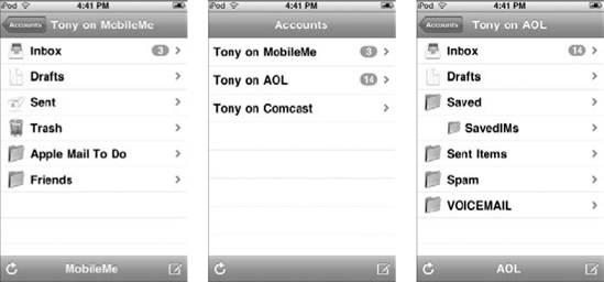 A MobileMe account's mailboxes (left); multiple e-mail accounts (middle), and the mailbox (Inbox) of an AOL e-mail account (right).