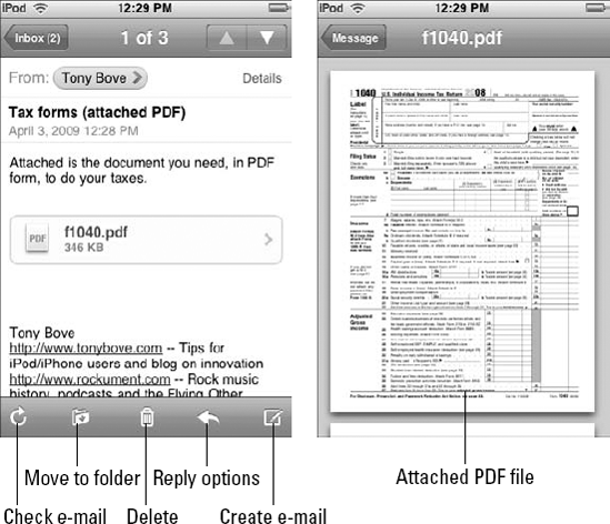 The e-mail message appears with an attachment (left side); tap the right arrow to view the attachment (a PDF file).