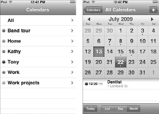 The Calendar app's list of calendars (left) and monthly view (right).