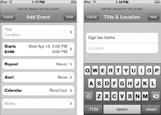 Add an event in Calendar (left) and give it a title and location (right).