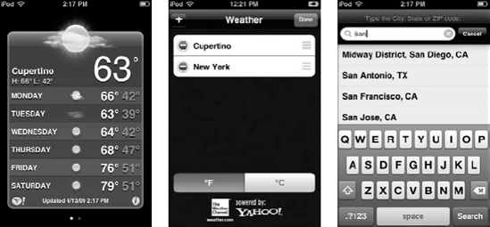 Tap the i button in Weather (left) to view the list of cities (center) and to add another city (right).