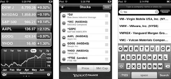 Touch the i button in Stocks (left) to view the list (center) and to add another stock, fund, or index (right).