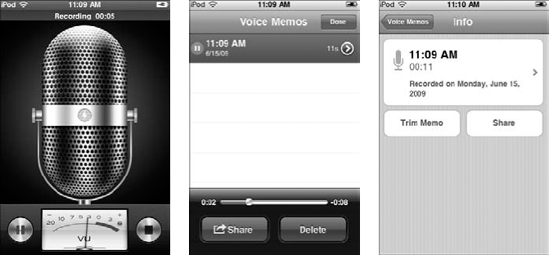 Record your voice (left), select a saved recording (middle), and open the Info screen (right).