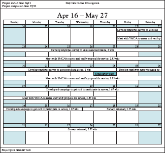 An MSP project calendar for the day care project, for the period 4/16 to 5/27.