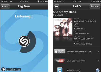 Point your phone at the music (left) and Shazam tells you the artist, title, and more (right).