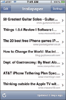 Instapaper displaying some Web pages we saved for our future reading pleasure.