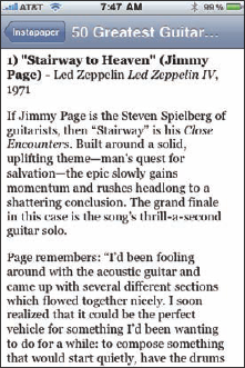 This is what the 50 Greatest Guitar Solos page looks like when we read it in Instapaper on an iPhone.