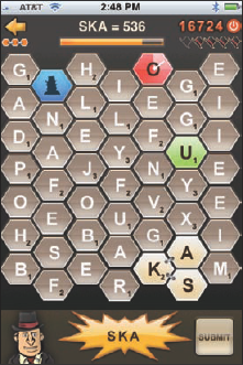 Blue wild card, red timer, and green bonus tiles make WordsWorth a challenge.