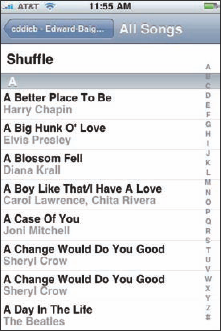 Some of the songs that can be streamed from Ed's Mac at home onto the iPhone, wherever it happens to be.