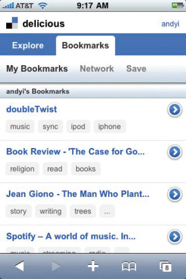 Accessing your stored bookmarks via Delicious's iPhone Web interface.