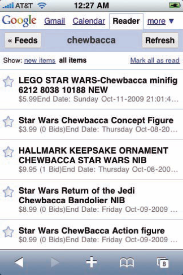 An eBay search, bookmarked in Google Reader as a nice, efficient RSS feed