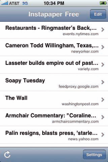 A collection of saved and downloaded Web pages on my iPhone, thanks to Instapaper