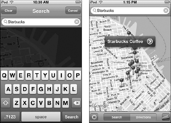 From your location in Maps, type the name of a popular business (left) to see its nearest locations (right).