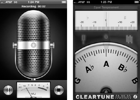 Voice-Memos (left) and Cleartune (right) model real-world actions of recording vocals and tuning instruments.