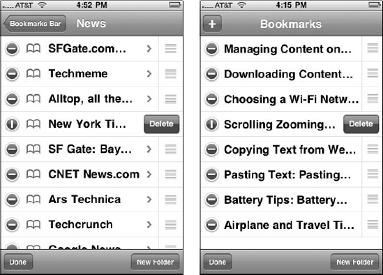 Safari provides a model for adding or deleting a bookmark (left), so why not follow it, as Tony did with Tony's Tips for iPhone Users (right).