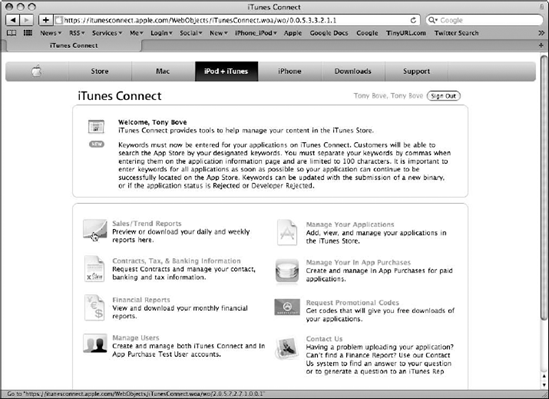 The iTunes Connect main page.