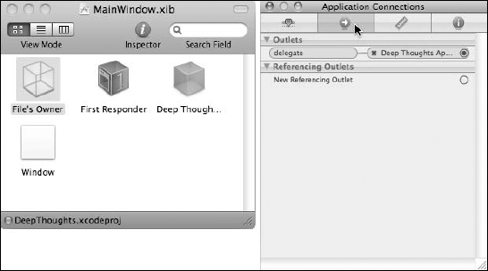 The MainWindow.xib in Interface Builder with File's Owner selected and Connections displayed.