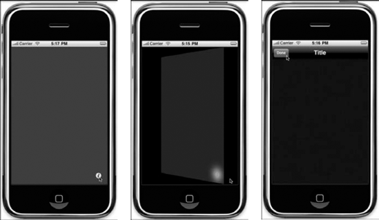 Running the app in the iPhone Simulator to show how the Utility Application template's buttons work.