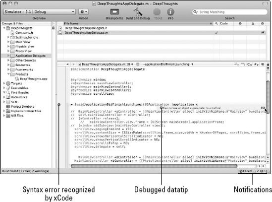 Xcode highlights an error and displays a datatip.
