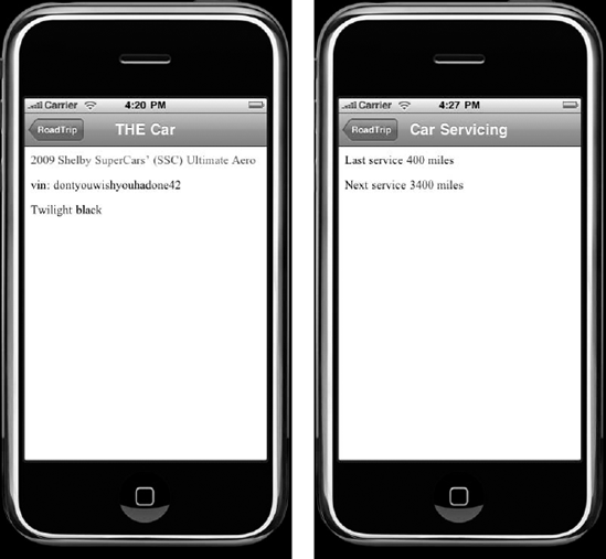 The app shows you the car info (left) and a servicing record (right).