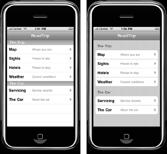 A plain table view (left) and a grouped table view (right),