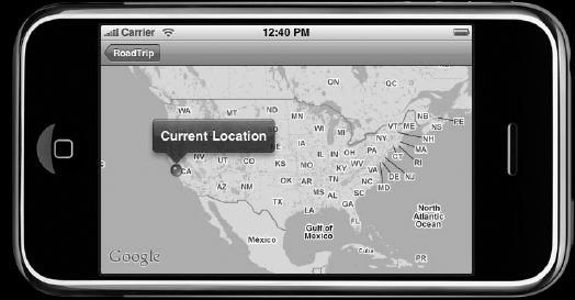 Displaying a map in landscape mode with a user location.
