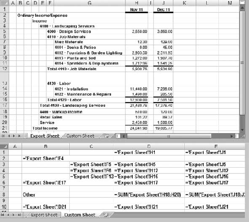 Each formula is just a link to a cell in the export sheet.