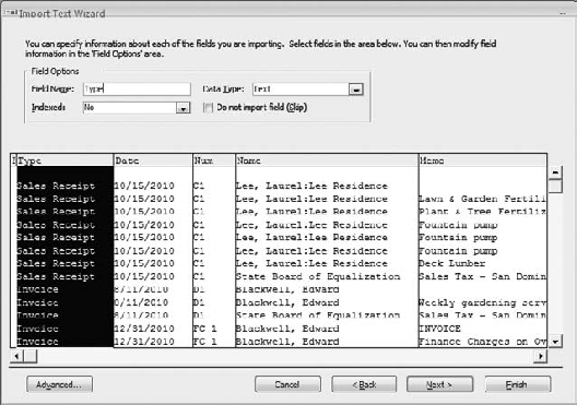 Click anywhere in a column to select it and specify its attributes, such as numeric format and whether to skip the field.