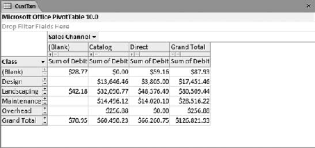 To see the percent of revenue coming from different combinations of Class and Sales Channel, click the Show As button and choose Percent of Grand Total.