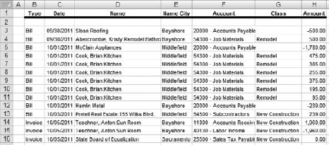 Notice that the list structure largely conforms to the QuickBooks detail report format.