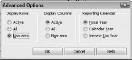 The Active option displays only rows with accounts (or other elements) that have any activity during the period covered by the report.