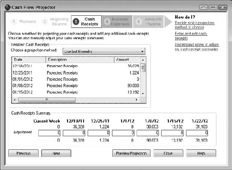 You can enter numbers in the Adjustment row to show any special revenue amounts that you expect during an upcoming week, but that are not anticipated by QuickBooks.