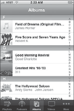 The bottom toolbar in iPod provides different views of a digital media library.
