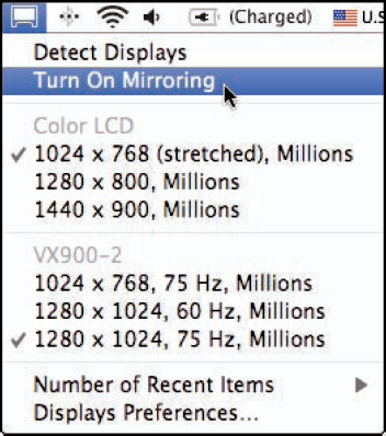 After you connect your MacBook to a projector, use the Turn On Mirroring command to have it display the same content that you see on the internal display.