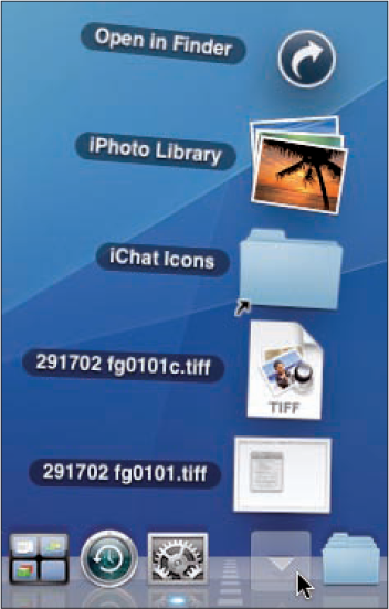 Clicking a folder's (stack's) icon on the Dock causes it to fan out.