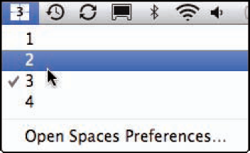 The Spaces menu enables you to jump into a space by selecting its number.