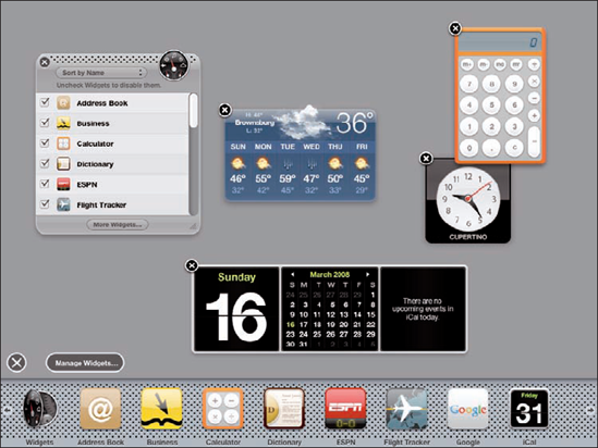 The widget bar at the bottom of the Dashboard shows all the widgets that are installed on your MacBook.