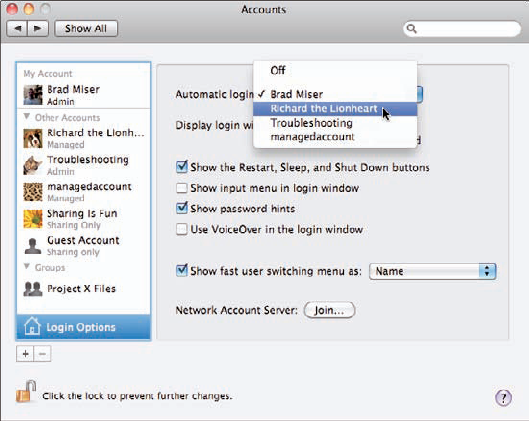 Use the Automatic Login pop-up menu to select a user account to automatically log in to your MacBook.