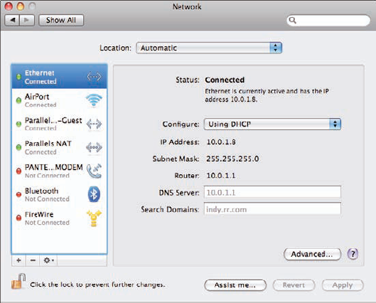 The Network pane provides you with detailed information about, and control over, your network connections.