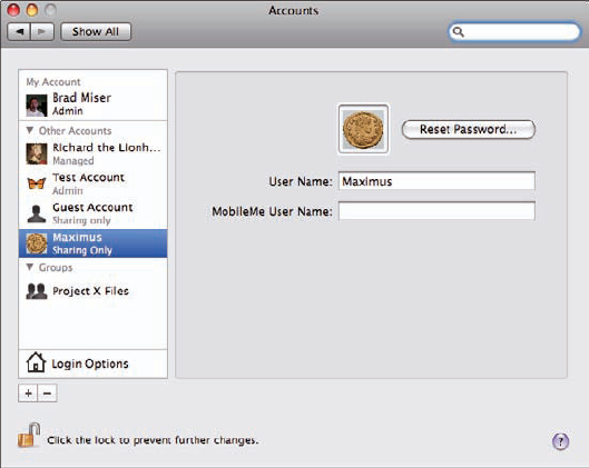A Sharing account, like the Maximus account highlighted here, is ideal for enabling people to access the files on your MacBook.