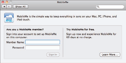 Use the MobileMe pane to obtain a MobileMe account and to configure it on your MacBook.