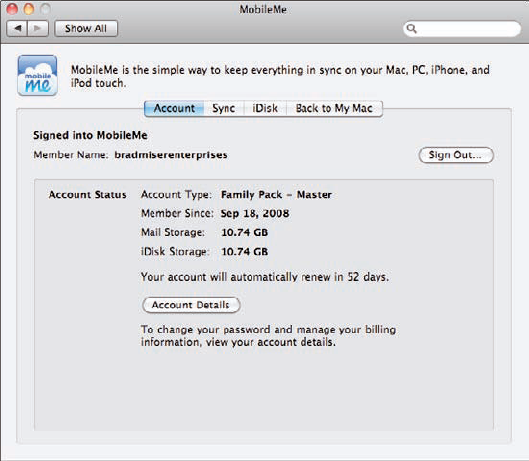 After you enter your MobileMe account information, the MobileMe pane changes to provide the tools you use to configure your MobileMe services on your MacBook.