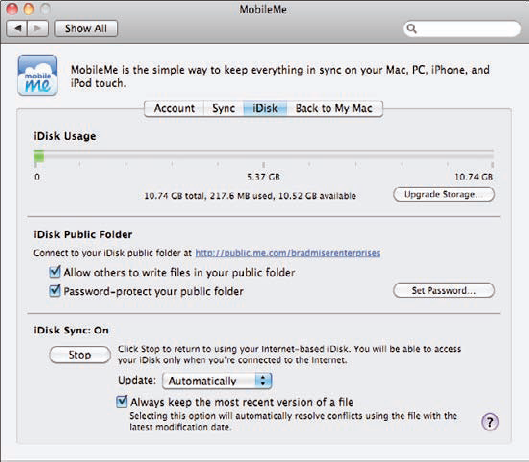 Configure your iDisk on the iDisk tab of the MobileMe pane.