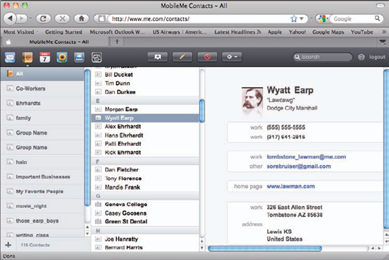 Using the MobileMe Contacts application enables you to access your contact information via the Web.