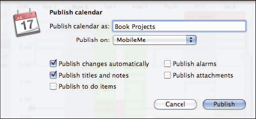 Use the Publish sheet to share a calendar with other iCal users.