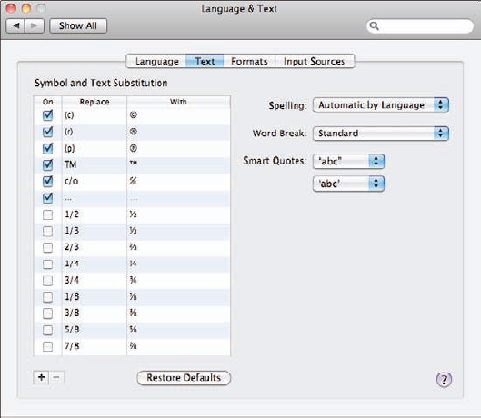 On the Text tab, you configure global substitutions and other text settings.