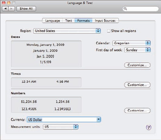On the Formats tab, configure date, time, and currency formats.